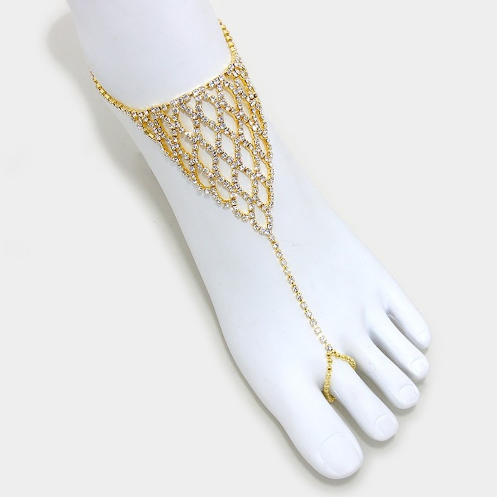 Gold Chain Rhinestone Crystal Anklet Metal Net Style Toe Ring Statement Jewelry